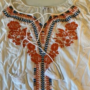 Floral Embroidered Boho Dress with Tie-Front Sz 1X